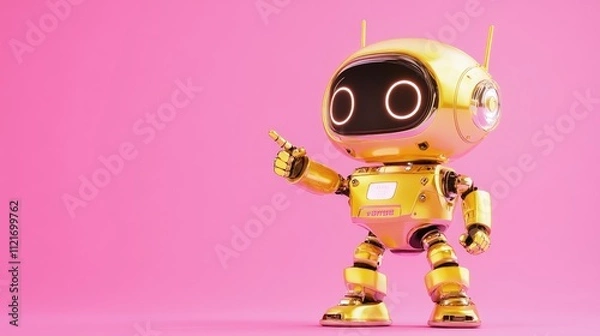 Fototapeta Positive cute robot pointing at a space. Copy space, --ar 16:9 --v 6.1 Job ID: 086b19b3-0d2a-4267-9044-e3f987cfb604