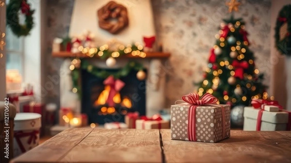 Fototapeta Christmas presents neatly arranged on a wooden table surrounded by a cozy fireplace, with a blurred background of a beautifully decorated tree and festive ornaments, home, blurred background, festive