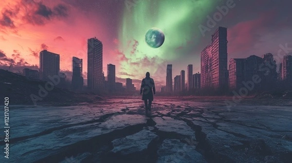 Fototapeta Solitary Wanderer in a Ruined World