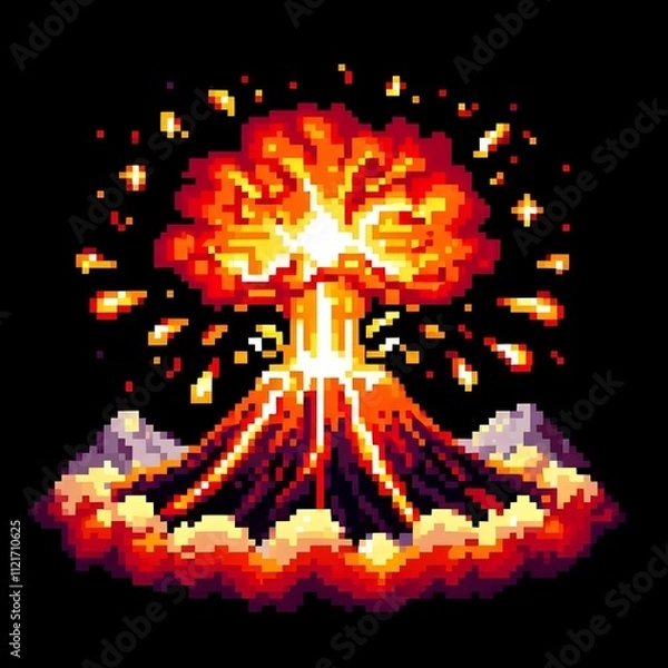 Obraz Dynamic Volcanic Eruption Pixel Art – Closeup Cartoon Explosion for Graphic Projects