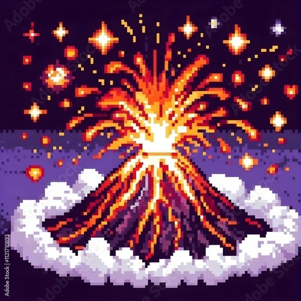 Obraz Exploding Volcano in Pixel Art – High-Impact Visual with Vivid Cartoon Colors