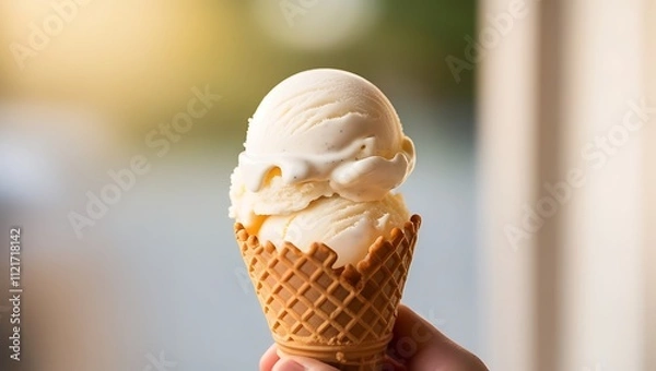 Fototapeta Two scoops of vanilla ice cream in a waffle cone