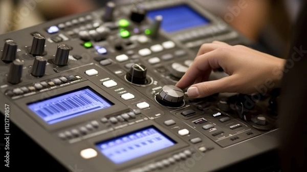 Fototapeta Serene audio studio with sound engineer adjusting noise reduction settings on mixing console, symbolizing the meticulous process of eliminating unwanted sounds.	