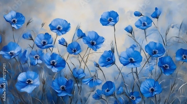 Obraz Vibrant blue poppies in a dreamy field.