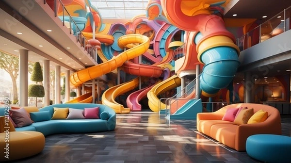 Fototapeta A vibrant playground featuring a fun ball pit and an exciting slide for kids� entertainment.