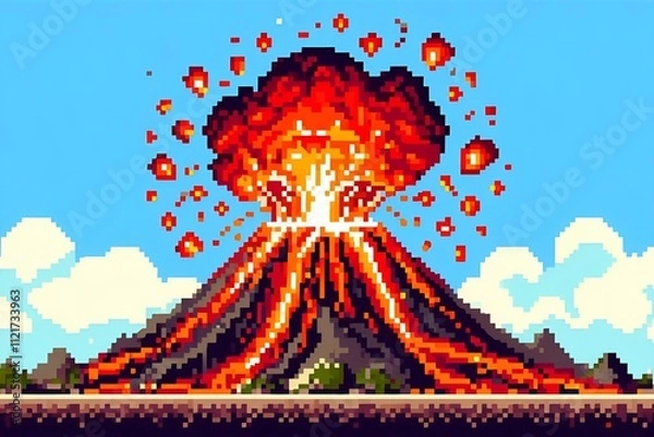 Obraz Vivid Pixel Art Eruption – Closeup View of a Volcano Exploding in Cartoon Style