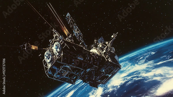 Obraz Orbital cleanup illustration depicting a futuristic spacecraft removing debris from Earth's orbit, emphasizing the importance of space sustainability and environmental responsibility.