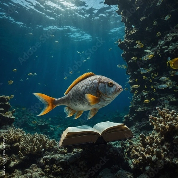 Fototapeta A fish reading a book in an underwater library.