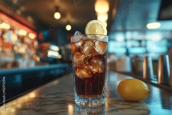 Fototapeta Refreshing Glass of Cola with Ice and Lemon in a Modern American Diner. AI generated illustration