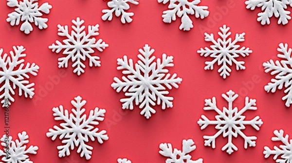 Obraz A vibrant red background featuring decorative white snowflakes, creating a festive and wintry aesthetic.