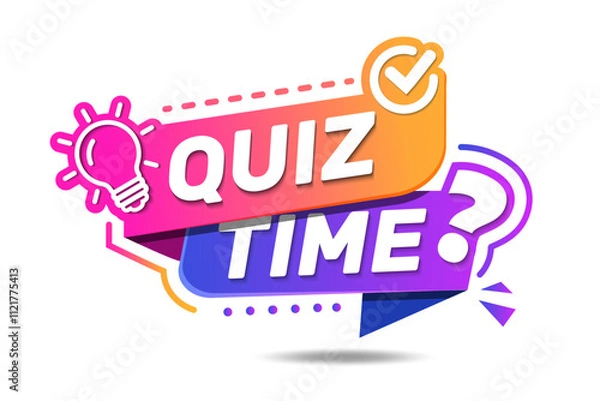 Fototapeta Quiz time text warning and information sign. Quiz time emblem for business, marketing and advertising. Bright label with bulb and question mark.