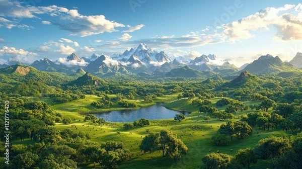Fototapeta A serene landscape showcasing lush green hills, a tranquil lake, and majestic mountains under a bright blue sky, perfect for nature enthusiasts.