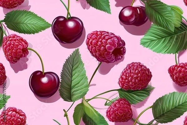 Fototapeta Seamless pattern of red cherries and raspberries on pink background.