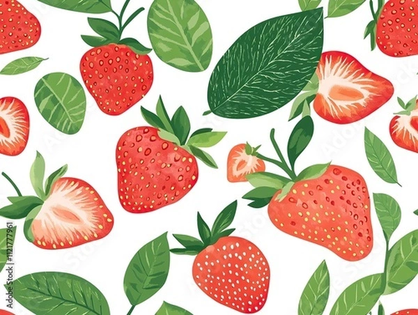 Fototapeta Seamless pattern of red strawberries and green leaves on white background.