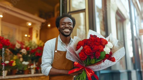 Fototapeta A cheerful flower shop owner stands in front of his store, proudly holding a large bouquet of red roses wrapped in decorative paper