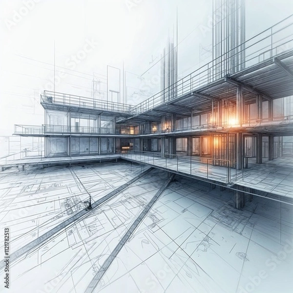 Fototapeta AI-Assisted Modern Architectural Design Blueprint with Sunset Highlights
