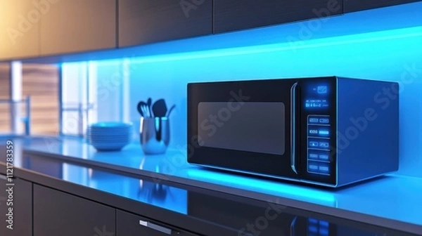 Obraz Modern Kitchen Interior with Stylish Microwave Oven on Countertop and Neon Backlighting, Contemporary Design with Elegant Accessories and Clean Lines