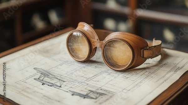 Obraz Vintage Aviator Goggles and Wright Flyer Blueprint