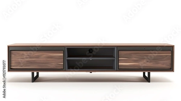 Obraz A modern TV stand with storage drawers on a white background.