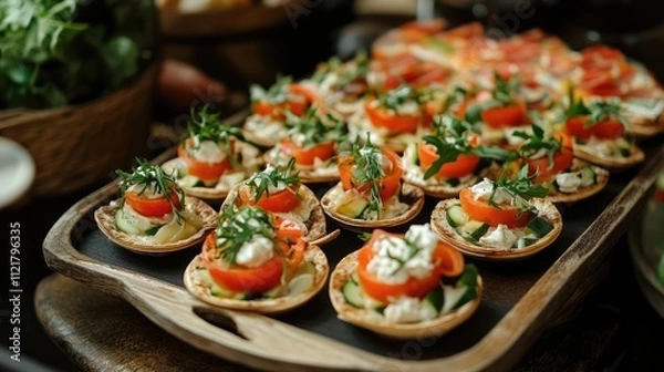 Obraz Fresh vegetable snacks elegantly arranged on a wooden tray showcasing vibrant flavors and healthy ingredients for an inviting presentation