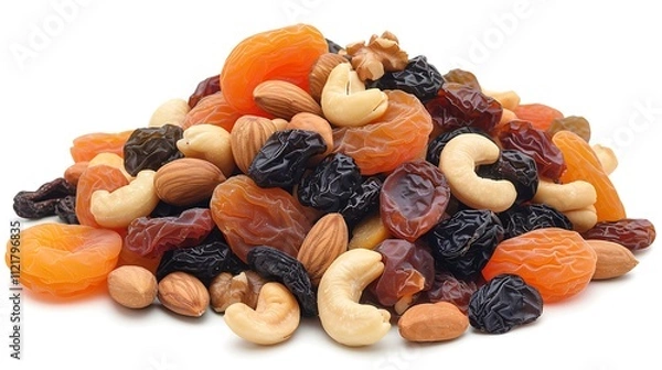Obraz A neat pile of dried apricots, raisins, and cashews, isolated on a white background.