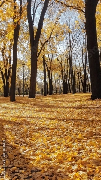 Fototapeta Shimmering yellow leaves blanket the forest floor in this serene autumn landscape, where tall trees stretch toward a bright blue sky, highlighting nature's peaceful beauty all around.