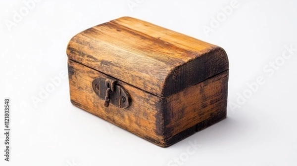 Fototapeta Rustic wooden box with metal latch on a clean white backdrop showcasing vintage design and craftsmanship for decorative purposes.