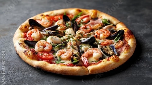 Fototapeta Seafood Italian pizza with shrimp squid and mussels topped with fresh herbs and mozzarella presented on a dark textured background