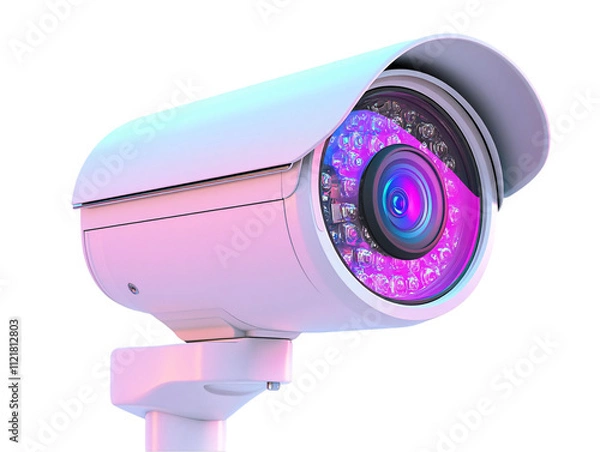 Fototapeta A sleek security camera featuring a colorful lens, designed for surveillance with a modern aesthetic on transparent background.