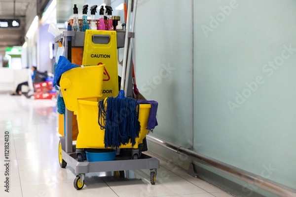 Obraz A yellow cleaning cart with a yellow bucket and a yellow mop