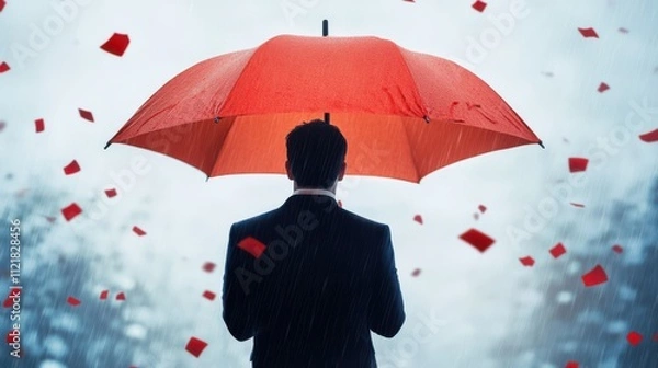 Fototapeta A Man with a Bright Red Umbrella Amidst Falling Red Confetti in a Rainy Urban Setting