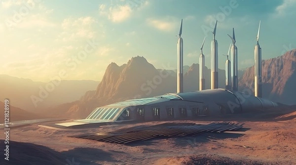 Fototapeta Futuristic Desert Outpost With Wind Turbines