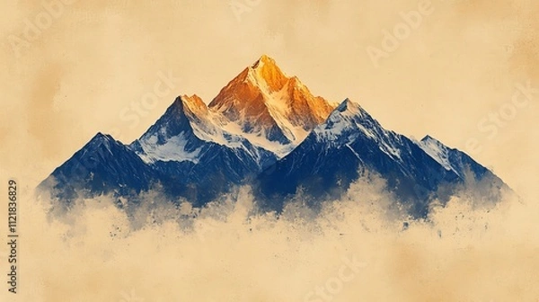 Fototapeta Majestic mountain range with golden peaks and soft clouds in background