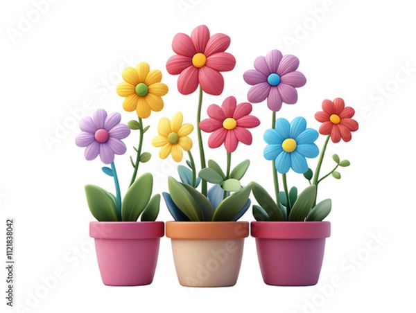 Fototapeta Colorful flowers in vibrant pots, showcasing a variety of shapes and hues, creating a cheerful and lively display on transparent background.
