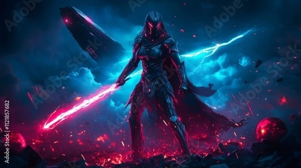 Fototapeta Cosmic Enforcer: The Warrior of Light and Shadows
