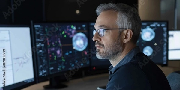 Fototapeta A man in glasses is looking at a computer monitor with three screens. He is focused on the screen in front of him