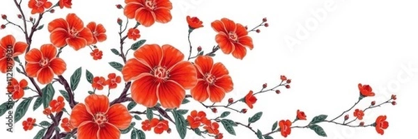 Fototapeta Simplistic Japanese kimono drawing with red flowers on white textured background for cards and flyers, Japanese, red flowers, flyers