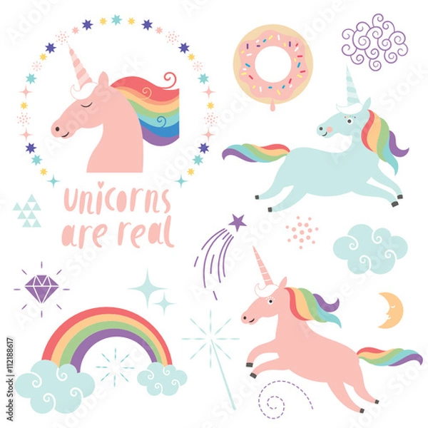 Fototapeta set of magic unicorns, rainbow, clouds, magic graphic elements
