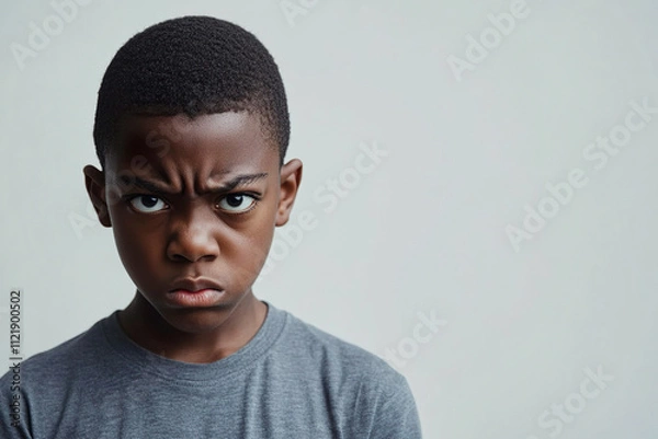 Fototapeta An angry black boy in a gray T-shirt on a smooth gray background, a place for text.