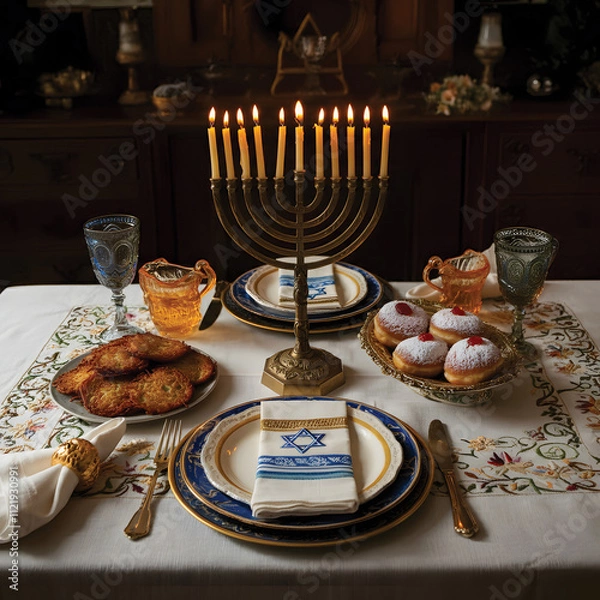 Obraz Elegant Hanukkah Table with Menorah and Treats.