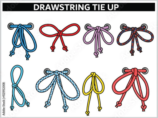 Fototapeta DRAWSTRING CORD FLAT SKETCH SET OF TIE KNOT WITH AGLETS FOR WAIST BAND, BAGS, SHOES, JACKETS, SHORTS, PANTS, DRESS GARMENTS, DRAWCORD AGLETS FOR CLOTHING AND ACCESSORIES VECTOR ILLUSTRATION