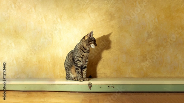 Fototapeta Domestic cat and lamp sitting. Lamp makes a shadow. Vintage house interior.
