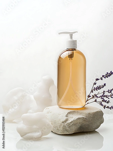 Obraz clear body wash bottle with pump sits on stone, surrounded by soft foam and lavender. warm amber liquid inside adds calming touch to serene composition