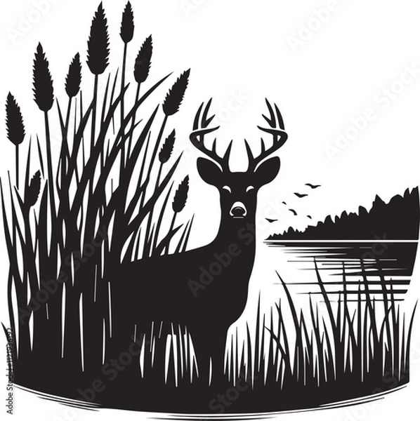 Fototapeta A deer peeking from behind by a lake vector silhouette