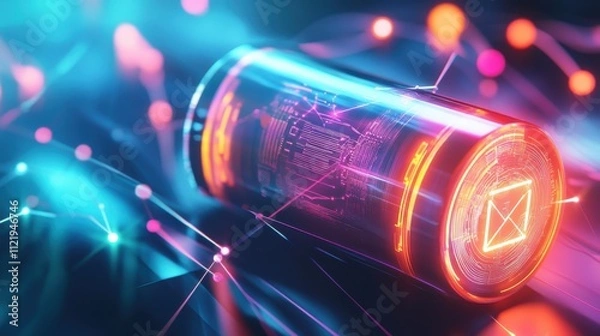 Fototapeta Futuristic battery glowing with vibrant colors and electric sparks in a digital landscape.