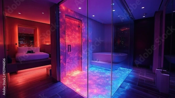 Fototapeta A glass elevator with unique illumination, adding a touch of modern sophistication