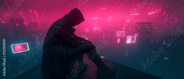Fototapeta Cyberpunk Vigilante: Neon Skyline Solitude