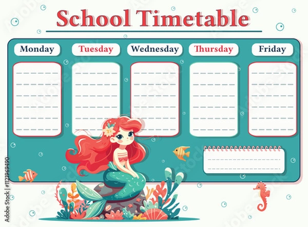 Fototapeta A weekly planer for a student. School Time Table Template with a sweet and modest mermaid on white background. Vector illustration in flat cartoon style