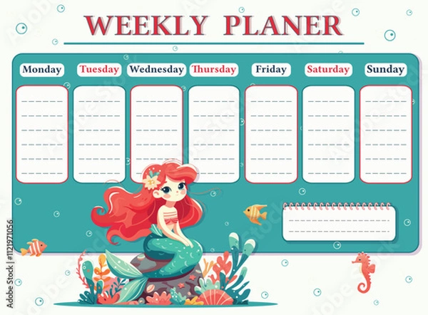 Fototapeta A weekly planer for a student. School Time Table Template with a sweet and modest mermaid on white background. Vector illustration in flat cartoon style