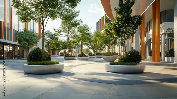 Fototapeta Modern city plaza with trees in planters.
